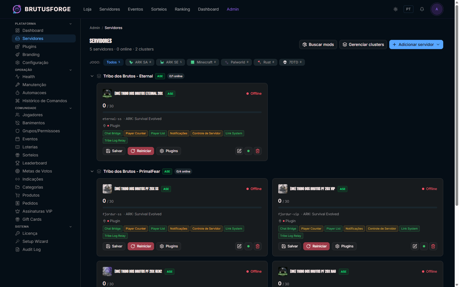 Lista de servidores — status ao vivo por cluster